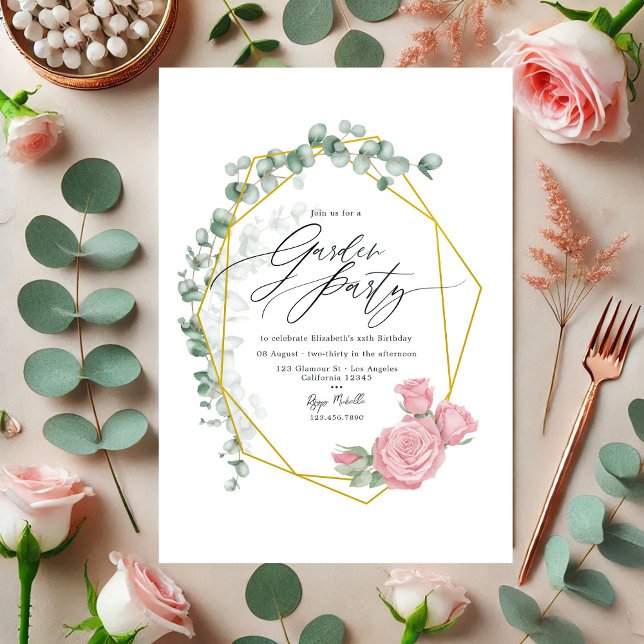 Invitación Fiesta de Jardín de Eucalipto Elegante y Rosas Ros (Elegant Eucalyptus and Pink Roses Garden Party Invitation)
