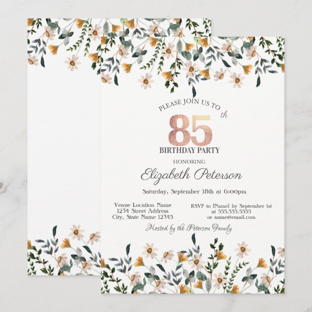 Invitación Fiesta de Jardín de Flores Acuarela Cumpleaños 85 (Anverso / Reverso)