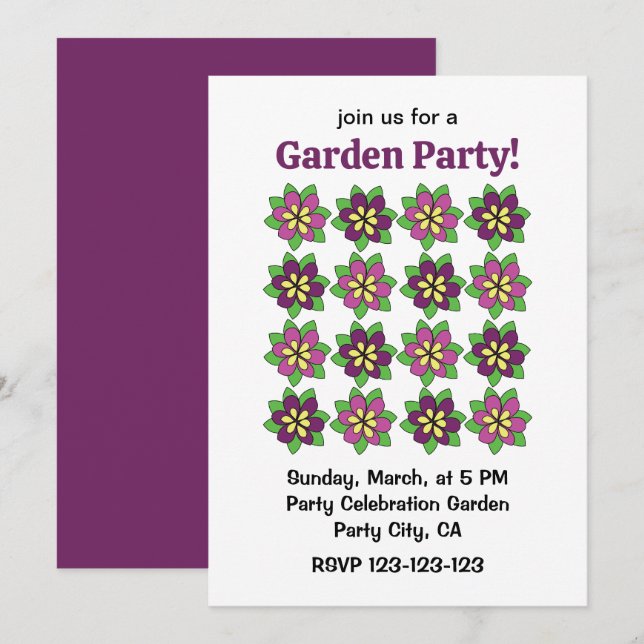 Invitación Fiesta de Jardín de Flores de Clemátide Púrpura (Anverso / Reverso)