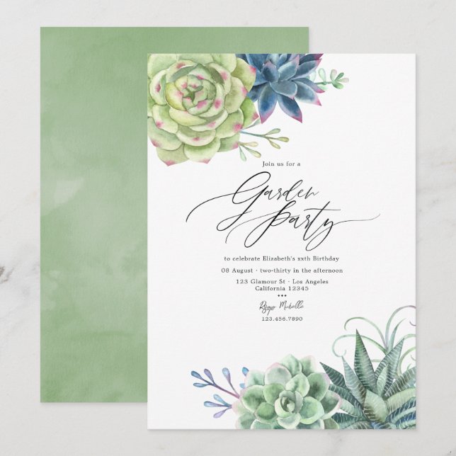 Invitación Fiesta de Jardín de Suculentas Modernas (Anverso / Reverso)