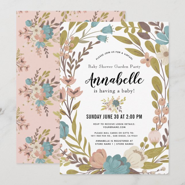 Invitación Fiesta de jardín floral Baby Shower virtual blanco (Anverso / Reverso)