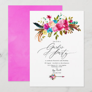 Invitación Fiesta de Jardín Floral Boho Chic Rosa Intenso