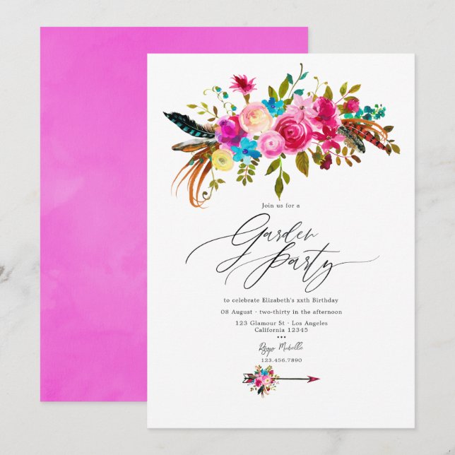 Invitación Fiesta de Jardín Floral Boho Chic Rosa Intenso (Anverso / Reverso)