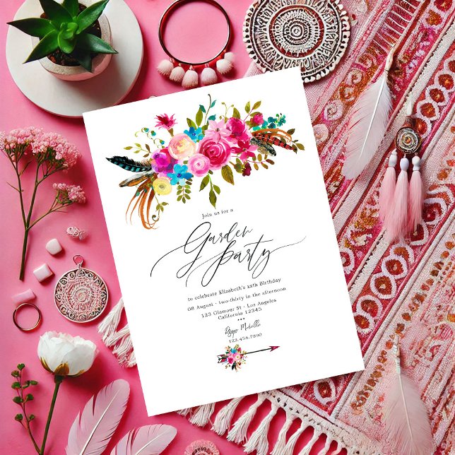 Invitación Fiesta de Jardín Floral Boho Rosa Caliente (Hot-Pink Boho Chic Floral Garden Party Invitation)