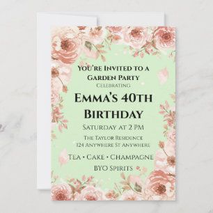 Invitación Fiesta de Jardín Floral Rosa y Verde Menta Persona