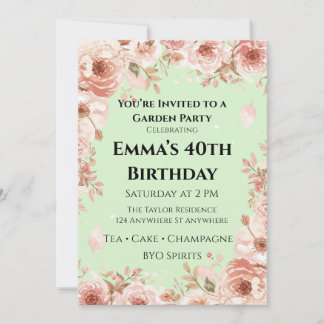 Invitación Fiesta de Jardín Floral Rosa y Verde Menta Persona