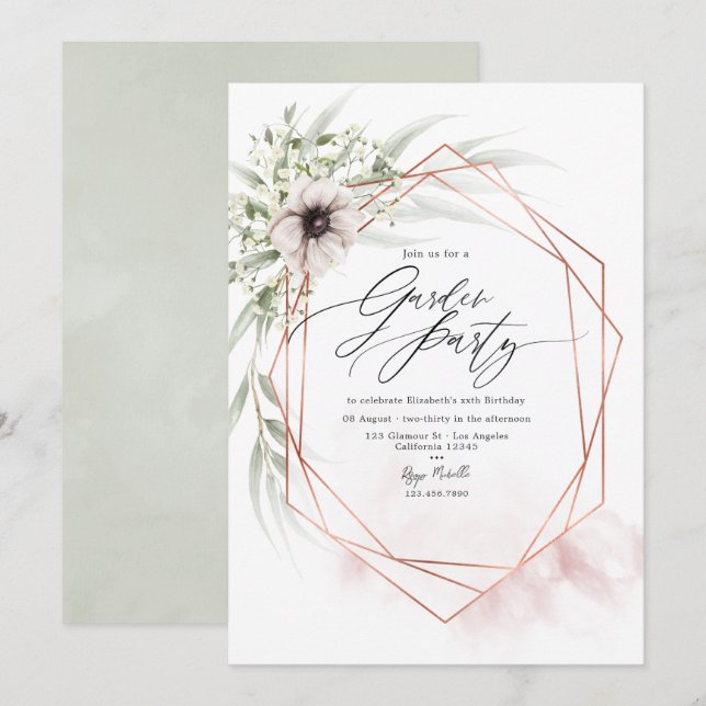 Invitación Fiesta de Jardín Geométrica Rosa y Dorado Rosa (Anverso / Reverso)