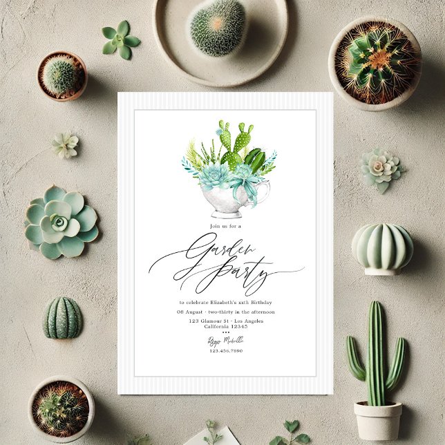 Invitación Fiesta de Jardín Taza de Té Cactus Suculento (Cactus Succulent Tea Cup Garden Party Invitation)