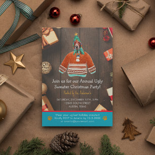 Invitación Fiesta de Jersey Feo de Basset Hound en Navidad