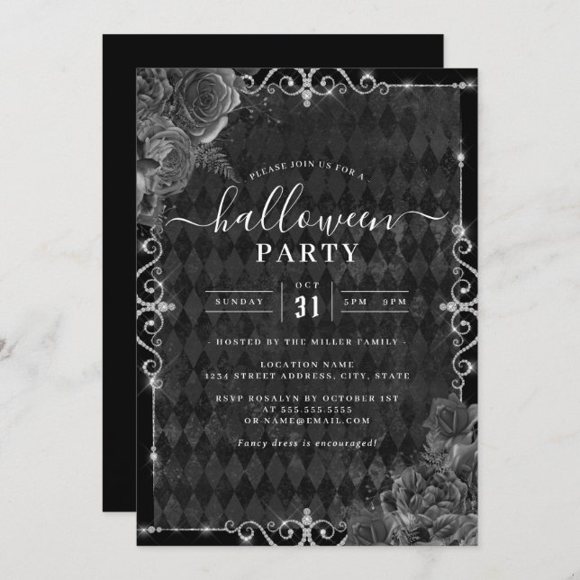 Invitación Fiesta de Jewel Halloween, Rosa floral de fantasía (Anverso / Reverso)