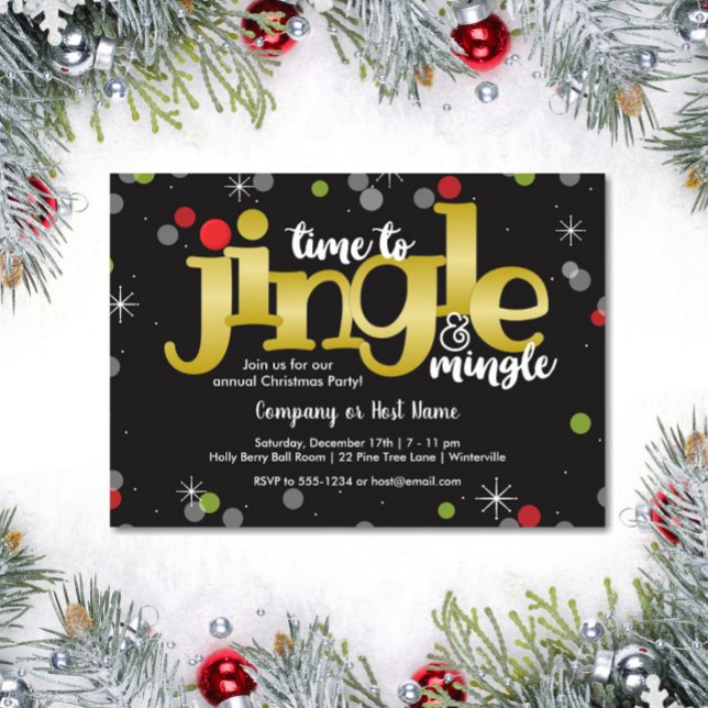 Invitación Fiesta de Jingle y Mingle Gold Red and Green Navid (Jingle and Mingle Christmas Party Invitation in Black, Red, Green and Gold Foil)