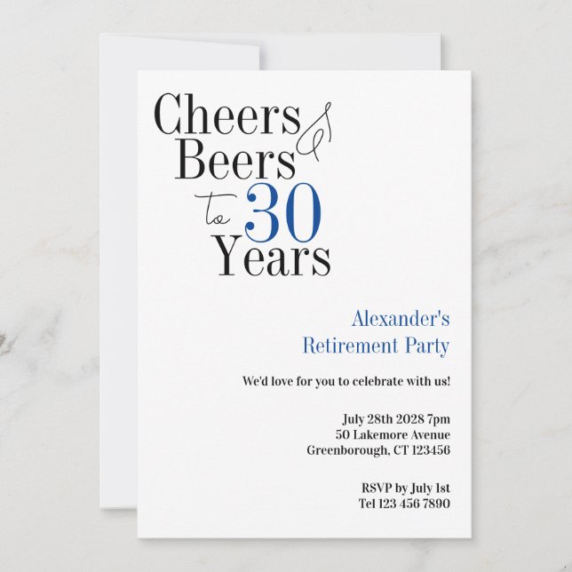 Invitación Fiesta de Jubilación 30 años Saludos y Cervezas Az (Anverso)