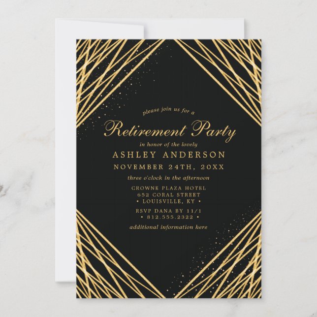 Invitación Fiesta de Jubilación Abstracta Geométrica de Oro N (Anverso)