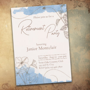 Invitación Fiesta de jubilación acuarela floral azul y marrón