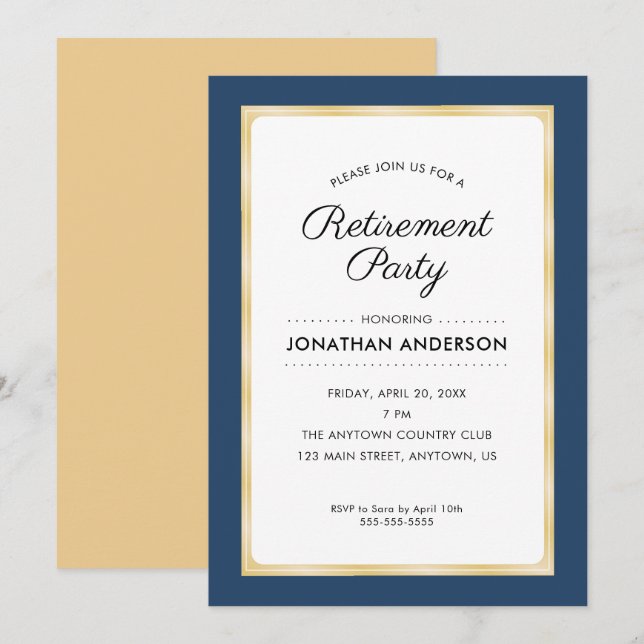 Invitación Fiesta de Jubilación | Azul marino y oro (Anverso / Reverso)
