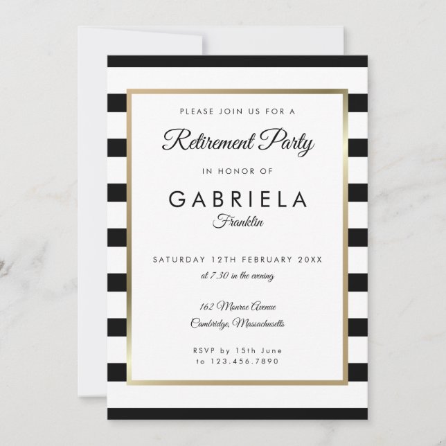 Invitación Fiesta de Jubilación Banda Blanca Negra Oro (Anverso)