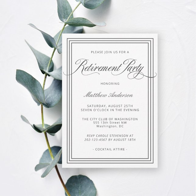 Invitación Fiesta de Jubilación Blanco Simple Elegante (This elegant retirement party invitation is available as printed or digital download.)