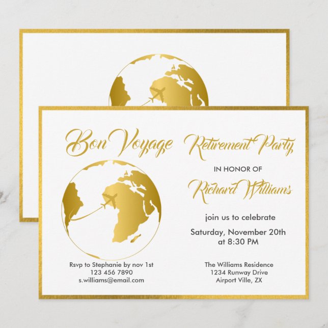 Invitación Fiesta de Jubilación Borde Dorado Globe Voyage (Anverso / Reverso)