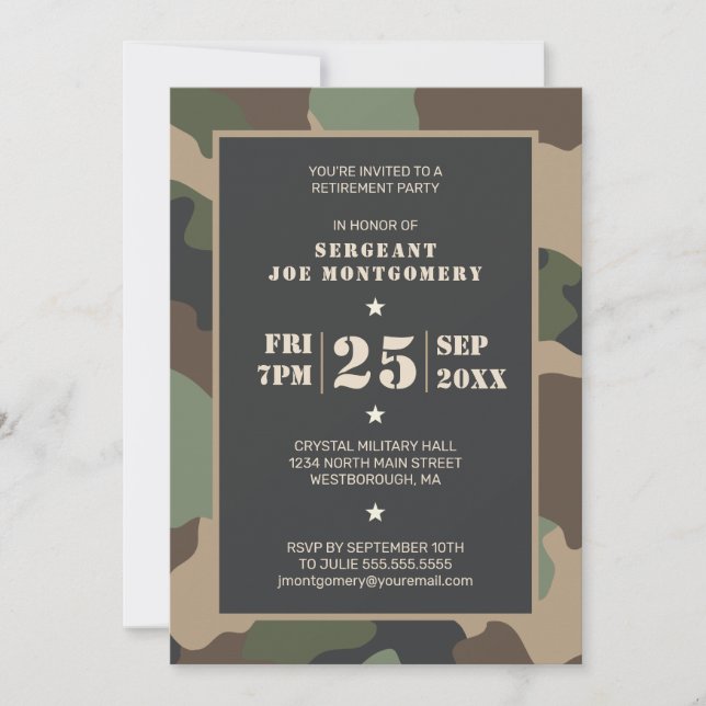 Invitación Fiesta de Jubilación Camuflaje de Woodland Militar (Anverso)