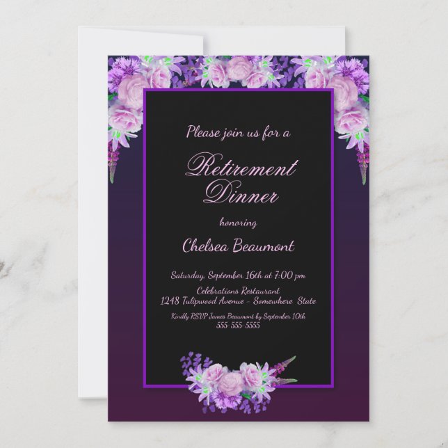 Invitación Fiesta de Jubilación Cena Floral Negra y Morada (Anverso)