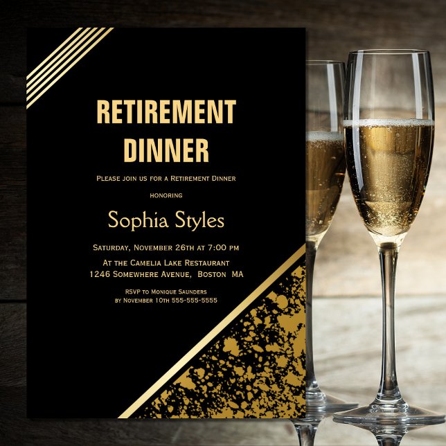 Invitación Fiesta de Jubilación Cena moderna en negro y oro (Subido por el creador)