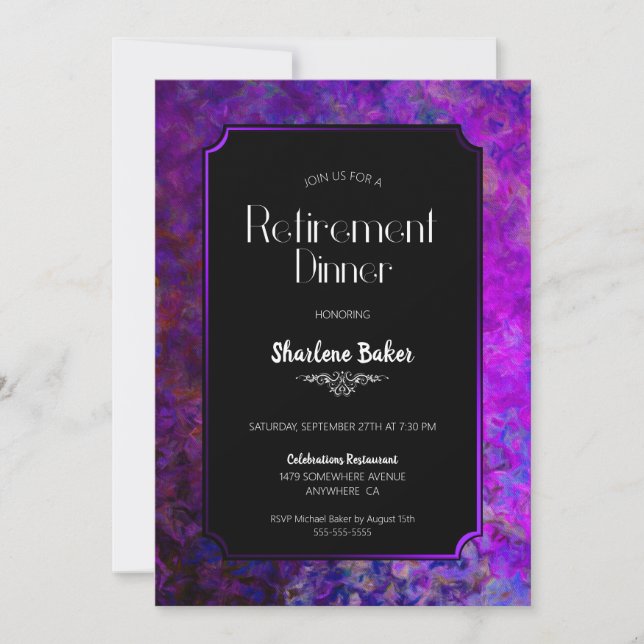 Invitación Fiesta de Jubilación Cena morada y negra (Anverso)