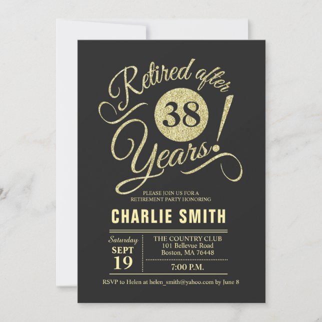 Invitación Fiesta de Jubilación - Chalkboard Black Gold (Anverso)