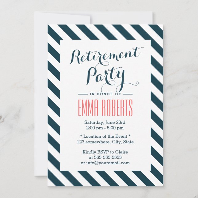 Invitación Fiesta de Jubilación Clásico de Rayas Azules y Bla (Anverso)