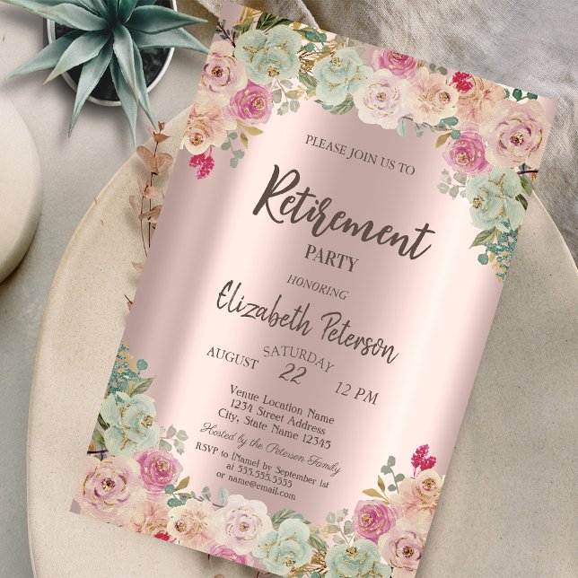 Invitación Fiesta de jubilación con confeti de rosas boho (Subido por el creador)