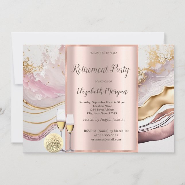 Invitación Fiesta de jubilación con copa de vino, globos, már (Anverso)