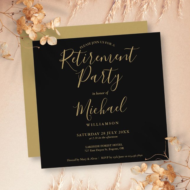 Invitación Fiesta de jubilación con elegante letra negra y do (Black And Gold Elegant Script Retirement Party Invitation)