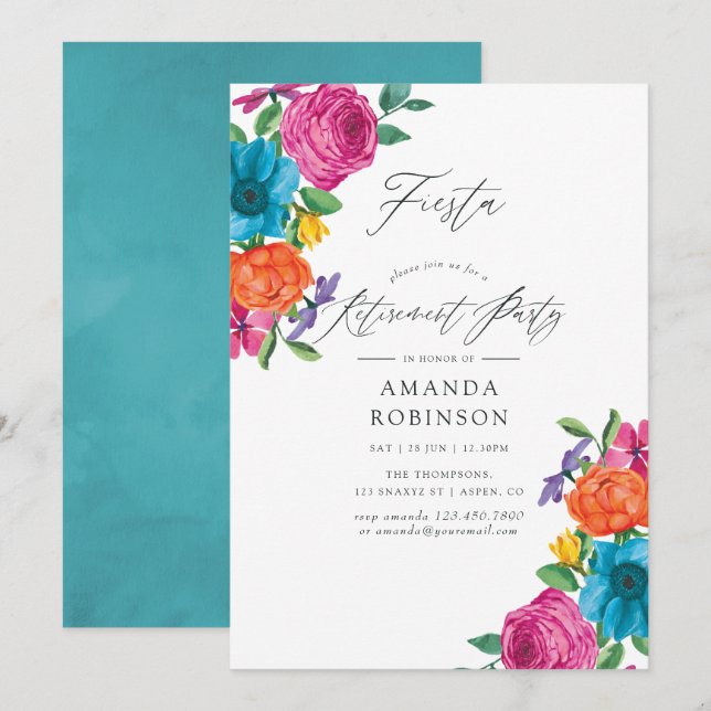 Invitación Fiesta de jubilación con flores en acuarela (Anverso / Reverso)