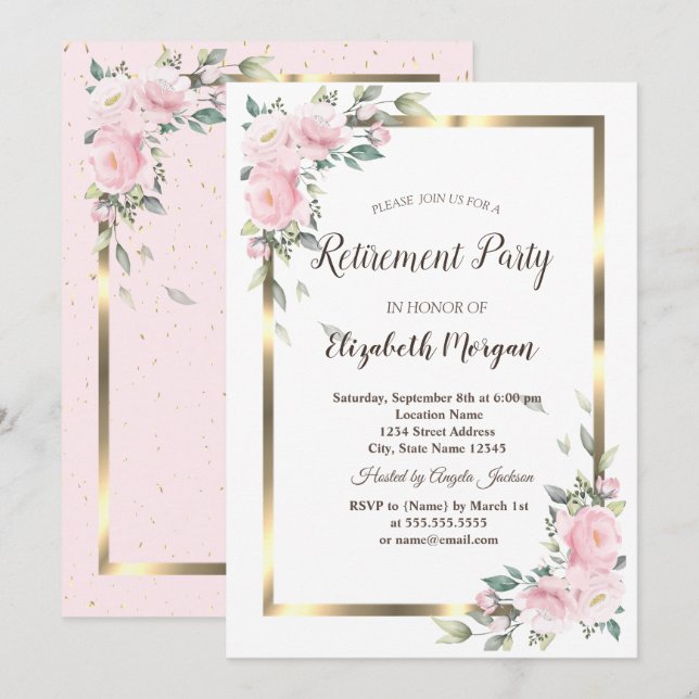 Invitación Fiesta de jubilación con flores en marco dorado (Anverso / Reverso)