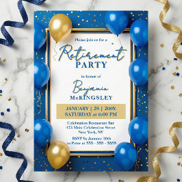 Invitación Fiesta de jubilación con globos azules y dorados y