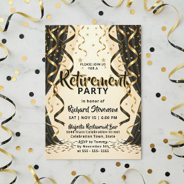 Invitación Fiesta de Jubilación con serpentinas de oro negro 