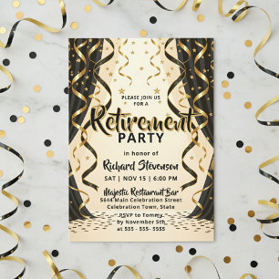 Invitación Fiesta de Jubilación con serpentinas de oro negro 
