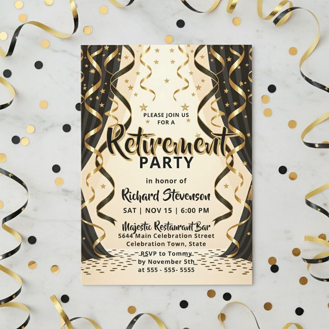 Invitación Fiesta de Jubilación con serpentinas de oro negro  (Subido por el creador)