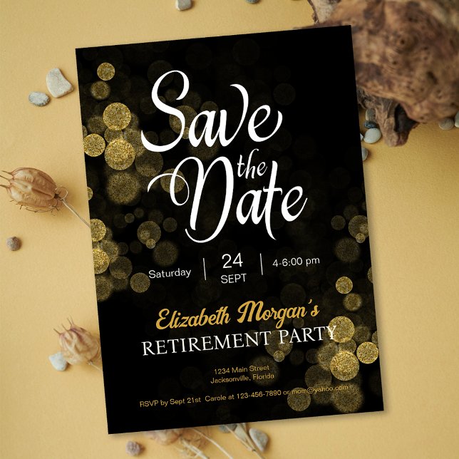 Invitación Fiesta de Jubilación Confeti de Oro Guardar la fec (Retirement Party Gold Confetti Save the Date Invitation)