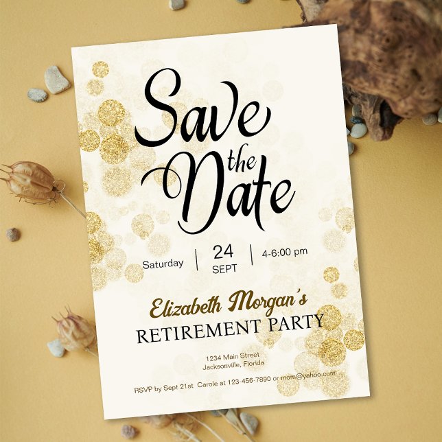Invitación Fiesta de Jubilación Confeti de Oro Guardar la fec (Retirement Party Gold Confetti Save the Date Invitation)