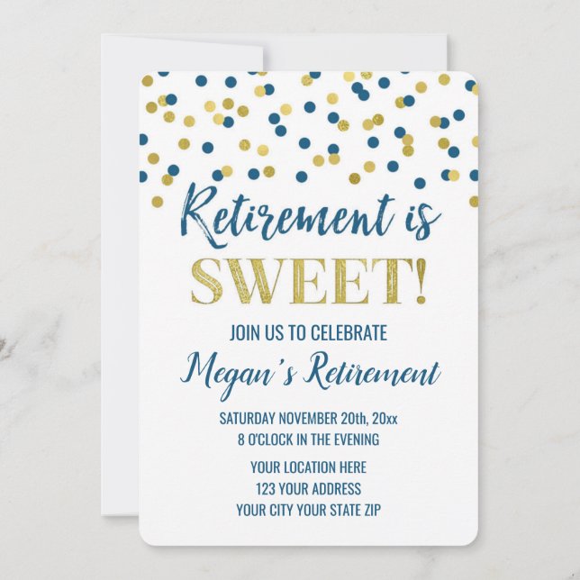 Invitación Fiesta de Jubilación Confetti Purpurina Blue Gold (Reverso)