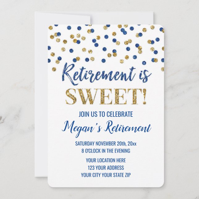 Invitación Fiesta de Jubilación Confetti Purpurina Blue Gold (Reverso)