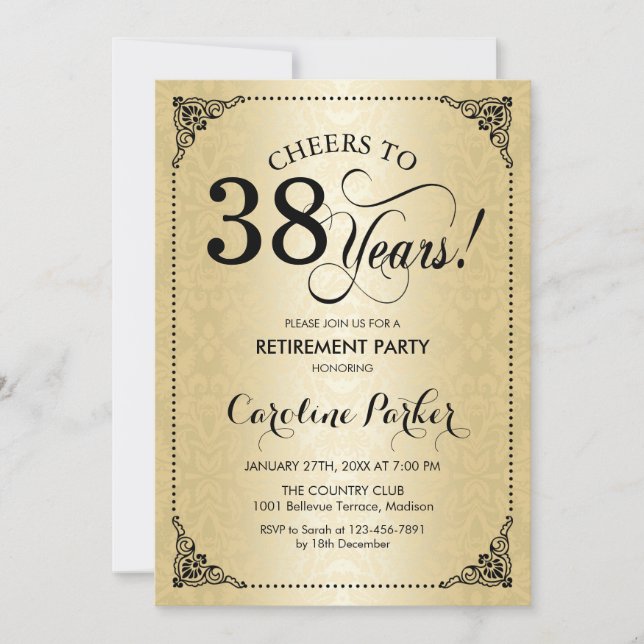 Invitación Fiesta de Jubilación - Damasco negro dorado (Anverso)