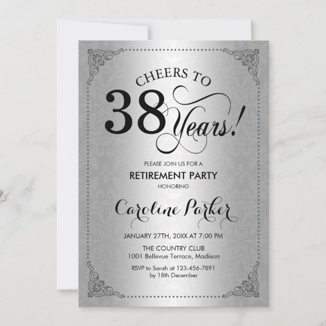 Invitación Fiesta de jubilación - Damasco negro plateado (Anverso)