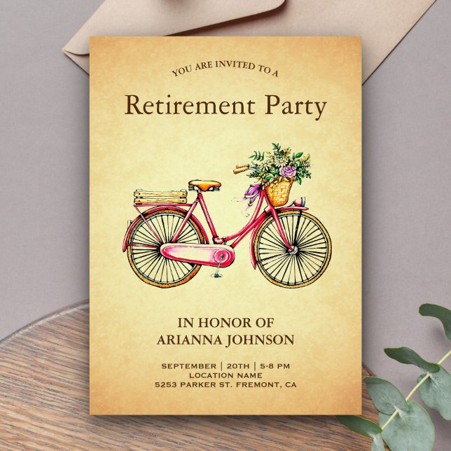 Invitación Fiesta de Jubilación de Bicicleta Floral Rosa Vint (Subido por el creador)