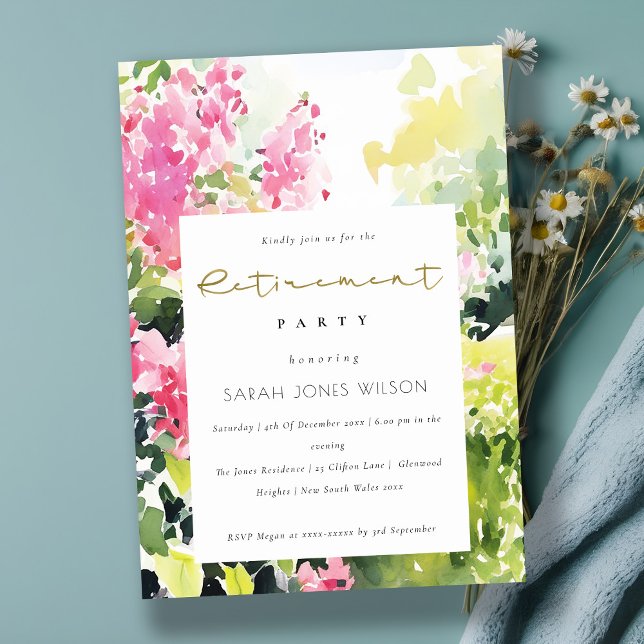 Invitación Fiesta de jubilación de buganvilla tropical rosa y (Subido por el creador)