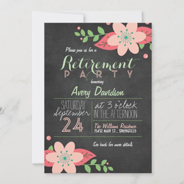 Invitación Fiesta de Jubilación de Cartón Floral Rosa y Verde (Anverso)