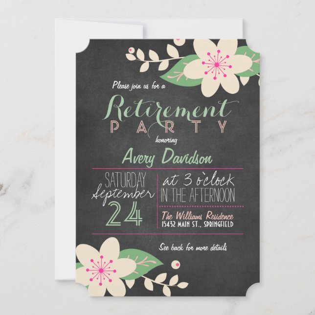 Invitación Fiesta de Jubilación de Cartón Floral Rosa y Verde (Anverso)
