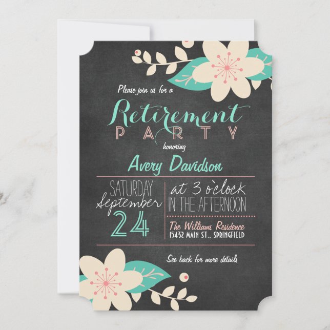 Invitación Fiesta de Jubilación de Cartón Floral Turquesa Ros (Anverso)