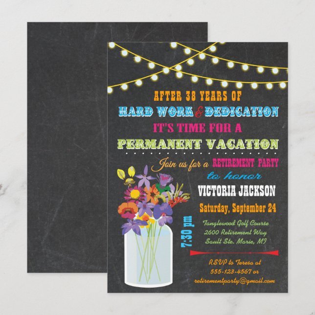Invitación Fiesta de Jubilación de Chalkboard con flores de t (Anverso / Reverso)
