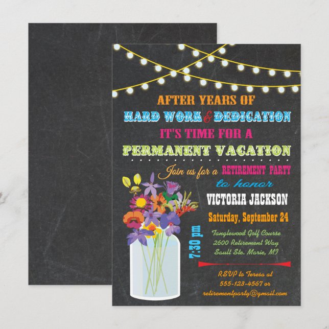 Invitación Fiesta de Jubilación de Chalkboard con flores de t (Anverso / Reverso)